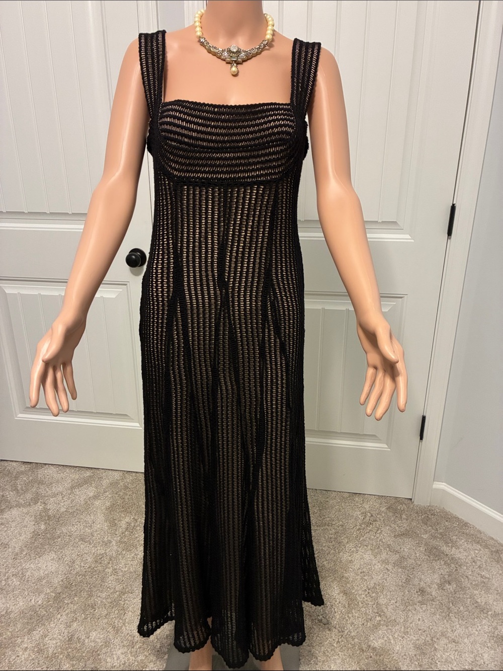 ANTONIO MELANI Black Crochet Maxi Dress with Nude Lining
